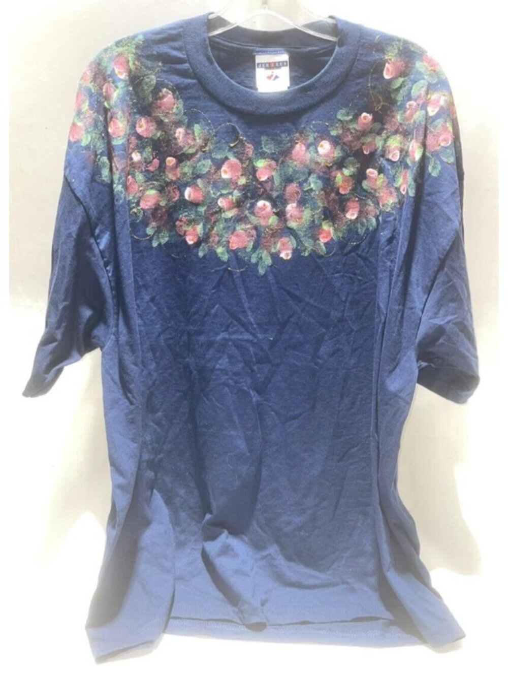 JERZEES WOMEN'S VTG SIZE 2X PAINTED FLORAL COLLAR CREW NECK TEE SHIRT